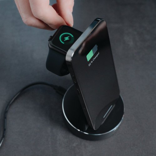 Wireless charge your Apple Watch and iPhone (8 or later) or other Qi-certified wireless charging enabled device with Verbatim's 2-in-1 charging station. The charging station is engineered to charge devices as fast as possible, although the actual charging speed is dependent on the device. Apple watches charge at 5W while other devices can charge at up to 15W even through most cases up to 3mm. Verbatim's wireless charging station provides wireless charging power to your Apple devices while you sleep. Just place each device on its designated space and charging begins on contact.