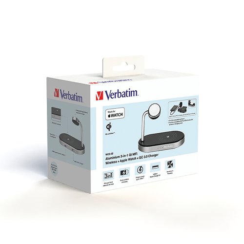 VM49556 Verbatim WCS-02 Aluminium 3-in-1 Qi MFi Wireless + Apple Watch + QC 3.0 Charging Station 49556