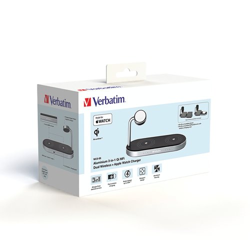 Verbatim WCS-03 Aluminium 3-in-1 Qi MFi Dual Wireless + Apple Watch Charging Station 49557 - VM49557