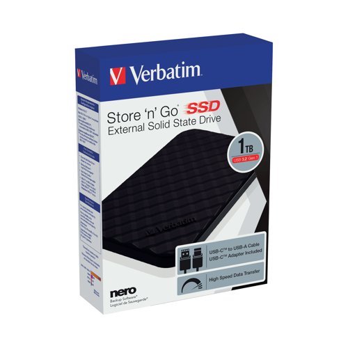 This 1TB solid state drive from Verbatim is a fast and safe way to expand storage and backup files. This drive has no moving parts for high reliability and silent operation. The USB 3.2 Gen 1 interface features data transfer speeds up to 5Gbps so you can move those large files and do the high capacity photo editing when you need to. It can be easily transported thanks to its compact, slim design.