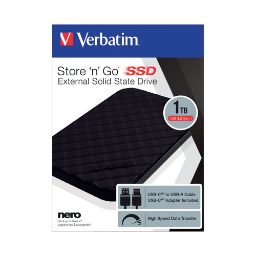 This 1TB solid state drive from Verbatim is a fast and safe way to expand storage and backup files. This drive has no moving parts for high reliability and silent operation. The USB 3.2 Gen 1 interface features data transfer speeds up to 5Gbps so you can move those large files and do the high capacity photo editing when you need to. It can be easily transported thanks to its compact, slim design.