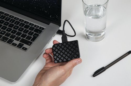 This 1TB mini solid state drive from Verbatim is a fast and safe way to expand storage and backup files. Weighing just 35 grams, this drive is ultra-small and lightweight making it easy to transport. It transfers data at high speeds and has a stylish black design with a 3D surface.