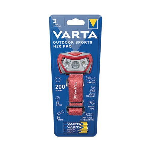 Varta Outdoor Sports H20 Pro Head Torch 3xAAA 52 Hours Run Time Red/Grey 17650101421