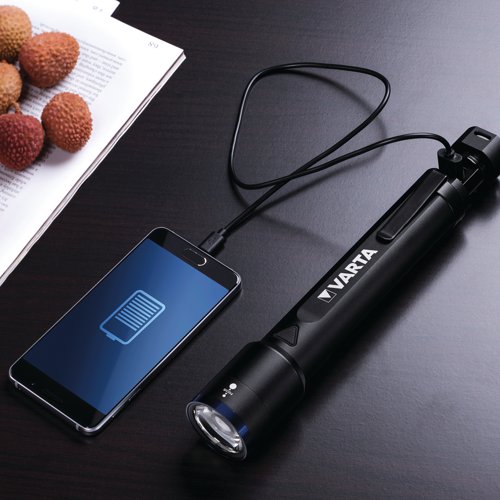 VR97891 | The Varta Night Cutter torch is a premium, USB rechargeable flashlight that can also be used as an emergency powerbank, with an integrated USB-Out (2600 mAh) outlet to charge a mobile phone or tablet device. The durable torch features a high grade aluminium casing, which is water resistant and shock proof. The high performance LED has 4 light modes: high, medium, low and strobe, with a total light output of 700 lumens, and a beam range of 300m. The torch also features a charging and low battery indicator integrated into the power button. This black torch is 225mm in length and has a 42mm diameter head.