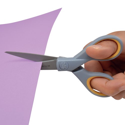 WES30450 | These Titanium Nitride bonded soft grip scissors are distinguished by their titanium nitride coating which resists the stickiness of tape and glue. The stainless steel blades guarantee a precise cut and the ergonomic shaped soft grip handles with soft inner rings offer comfortable and precise cutting. This pack contains one pair of 130mm scissors.
