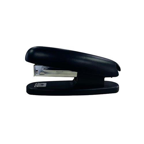 This economical half strip stapler features a metal chassis encased in a durable ABS plastic casing. The compact, lightweight design is ideal for everyday, desktop use. This pack contains 1 black stapler.