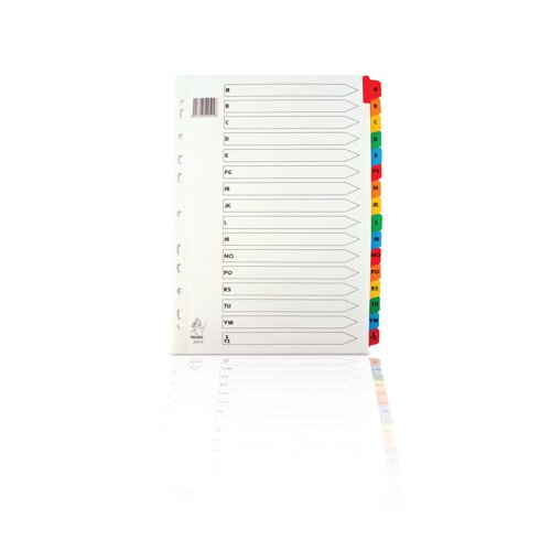 WX01523 | With these bright and attractive A-Z Mylar-reinforced index dividers, you can start to get a handle on all those odd papers that get left lying around. Each divider is made from sturdy manilla, and the multi-coloured tabs are Mylar-coated for long-lasting durability and pre-printed A-Z - great for alphabetical filing. They're multi-punched to fit almost any A4 ring binder or lever arch file.