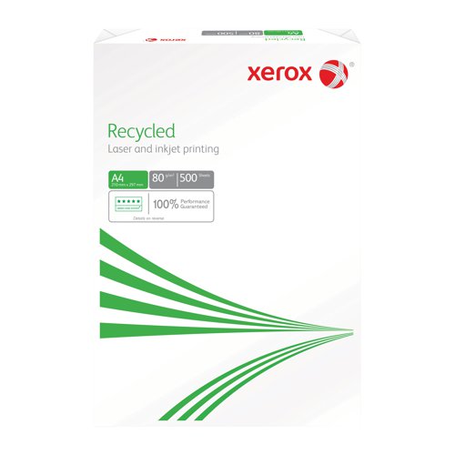 Xerox A4 Recycled Copier Paper is made with a minimum of 75% post-consumer recycled pulp. It is de-inked without bleaching and free from optical brightening agents, providing a recycled shade of low whiteness paper ideal for everyday home or office printing. Even the packaging is recycled. The result is a sustainably made, 100% recyclable paper from the UK's leading paper merchant. 5 packs supplied (ream wrapped).