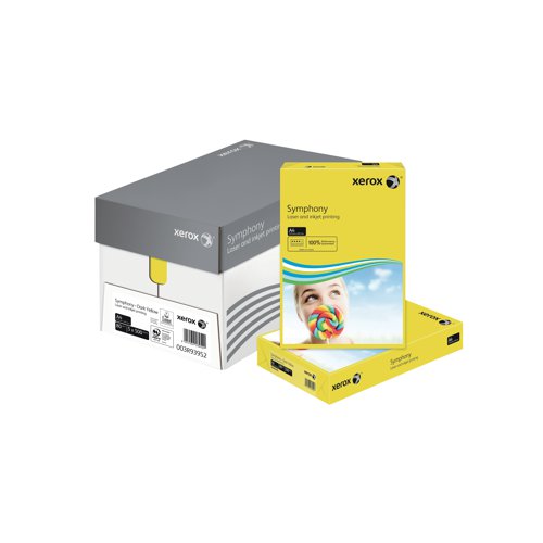 XX93952 | Looking to add some colour to your life? Xerox A4 Symphony dark yellow paper helps your documents stand out from the pack.  Created according to the exacting standards applied to all Xerox products, it has the same smooth surface, printability and excellent opacity we have come to expect.  Designed for high speed, high volume printing and compatible with all laser, inkjet and copier printers, this 80gsm paper is nothing less than the very best.