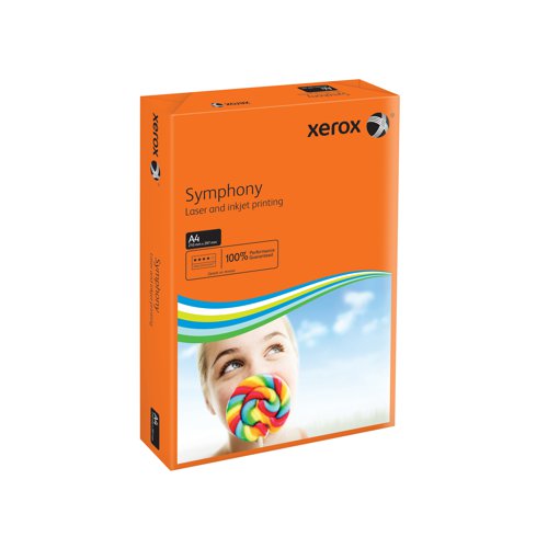 XX93953 | Looking to add some colour to your life? Xerox A4 Symphony Orange Paper helps your documents stand out from the pack. Created according to the exacting standards applied to all Xerox products, it has the same smooth surface, printability and excellent opacity you've come to expect. Designed for high speed, high volume printing and compatible with all laser, inkjet and copier printers, this 80gsm paper is nothing less than the very best.