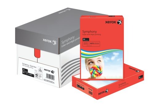 Looking to add some colour to your life? Xerox A4 Symphony dark red paper helps your documents stand out from the pack.  Created according to the exacting standards applied to all Xerox products, it has the same smooth surface, printability and excellent opacity we have come to expect.  Designed for high speed, high volume printing and compatible with all laser, inkjet and copier printers, this 80gsm paper is nothing less than the very best.