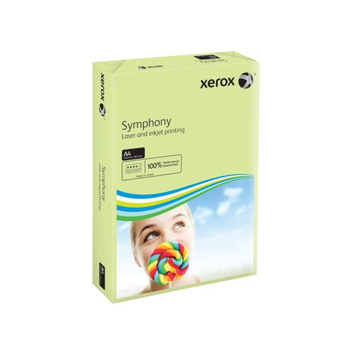 XX93965 | Looking to add some colour to your life? Xerox A4 Symphony Pastel Green Paper helps your documents stand out from the pack.  Created according to the exacting standards applied to all Xerox products, it has the same smooth surface, printability and excellent opacity we have come to expect.  Designed for high speed, high volume printing and compatible with all laser, inkjet and copier printers, this 80gsm paper is nothing less than the very best.