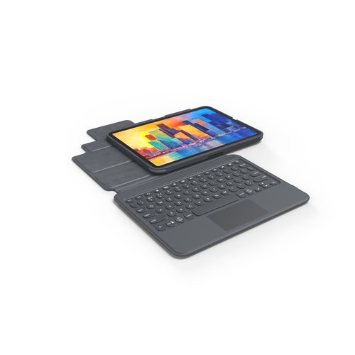 ZG14330 | Trackpad scrolls, navigates or turns off to preserve battery life. Rigid core, rubberized edges. Backlit keys. Pairs to two devices. Magnetic stand holds device at two viewing angles.