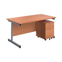 First Single Desk with 3 Drawers Pedestal 1600x800mm Beech/Silver KF803584