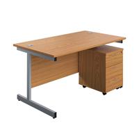 First Single Desk with 3 Drawers Pedestal 1600x800 Nova Oak/Silver KF803591