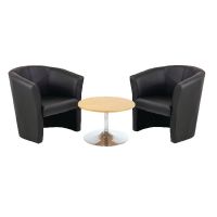 First Tub Chairs Black Vinyl and Low Trumpet Base Coffee Table 800mm Diameter Beech KF839236