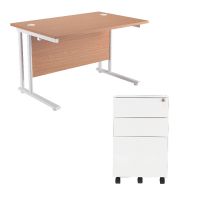 First Rectangular Cantilever Desk 1200mm Oak Top White Legs and Silver Pedestal KF839463