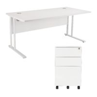 First Rectangular Cantilever Desk 1200mm White Top White Legs and Silver Pedestal KF839464