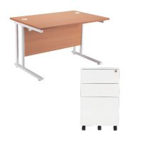 First Rectangular Cantilever Desk 1600mm Beech Top White Legs and Silver Pedestal KF839465