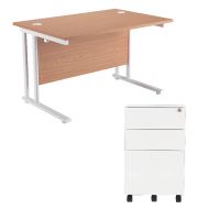First Rectangular Cantilever Desk 1600mm Oak Top White Legs and Silver Pedestal KF839466