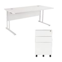 First Rectangular Cantilever Desk 1600mm White Top White Legs and Silver Pedestal KF839467