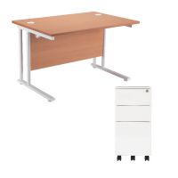 First Rectangular Cantilever Desk 1200mm Beech Top White Legs and Slimline Silver Pedestal KF839468