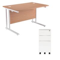 First Rectangular Cantilever Desk 1200mm Oak Top White Legs and Slimline Silver Pedestal KF839469
