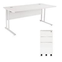 First Rectangular Cantilever Desk 1200mm White Top White Legs and Slimline Silver Pedestal KF839470