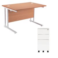 First Rectangular Cantilever Desk 1600mm Beech Top White Legs and Slimline Silver Pedestal KF839471