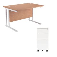 First Rectangular Cantilever Desk 1600mm Oak Top White Legs and Slimline Silver Pedestal KF839472