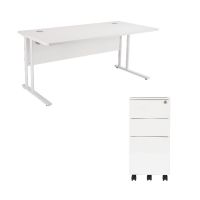 First Rectangular Cantilever Desk 1600mm White Top White Legs and Slimline Silver Pedestal KF839473