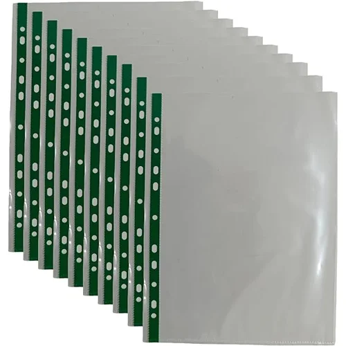 Punched Pockets A4 50 micron , Glass Clear, Green Strip (100 Pack)