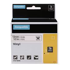 Compatible Dymo A18444 IND  Vinyl Labels(5.5m) Rhino Tape, 12mm Black on White
