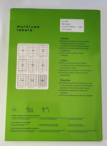 A4 Labels 1 Per Sheet 210mm x 297mm x 1 (100 Sheets)